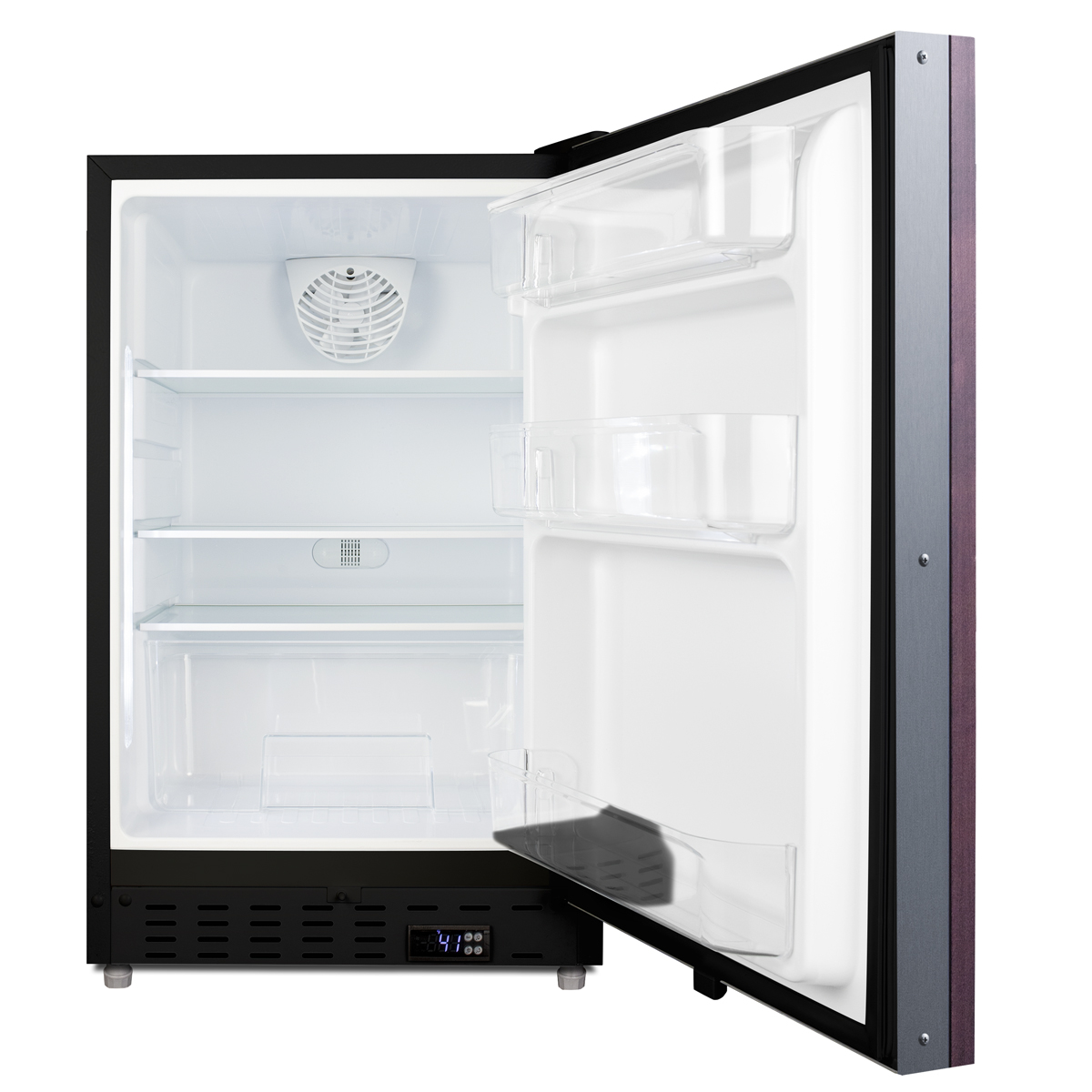 Built-in undercounter ADA compliant residential all-refrigerator in black with panel ready door, door storage and automatic defrost operation